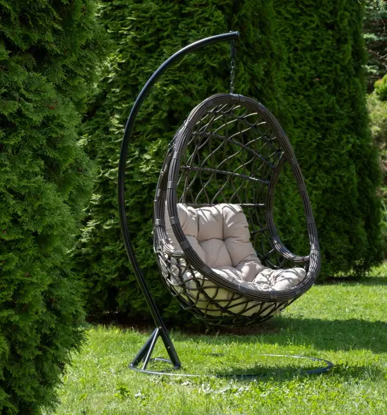 Подвесное кресло-кокон Венеция из искусственного ротанга, цвет бронзовый с бежевой подушкой