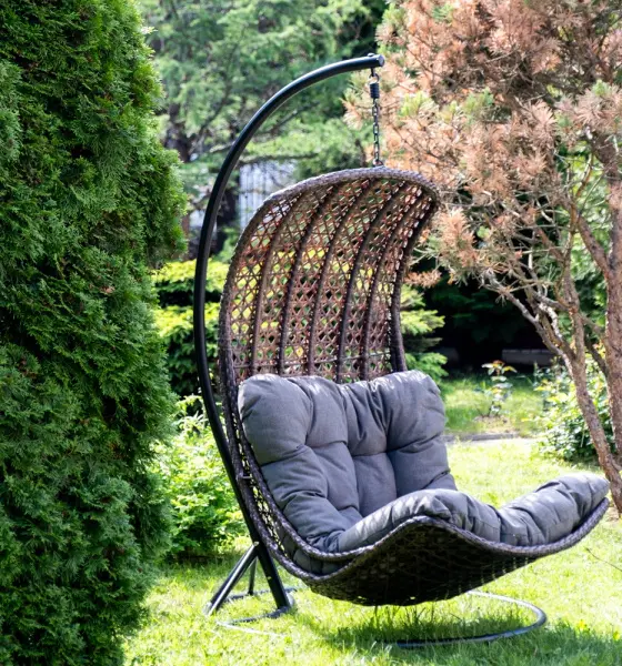 Подвесное кресло-кокон Виши из искусственного ротанга, цвет коричневый с серо-коричневой подушкой