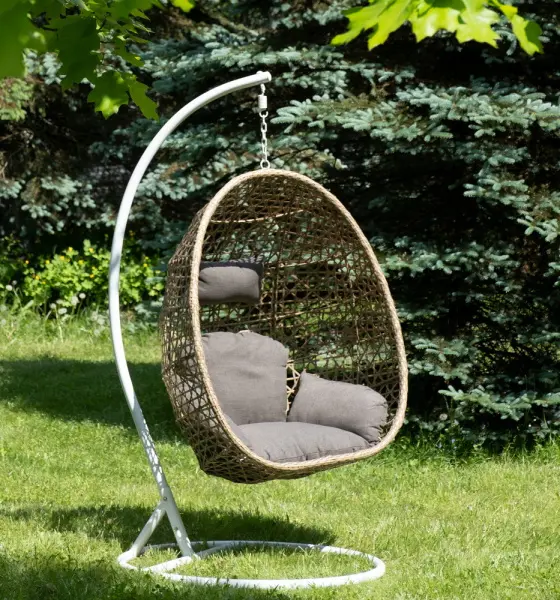 Подвесное кресло-кокон Флоренция из искусственного ротанга, цвет соломенный с серой подушкой
