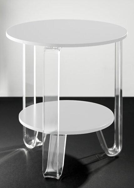 круглый прикроватный столик с прозрачными ножками и белой столешницей и полочкой.jpeg