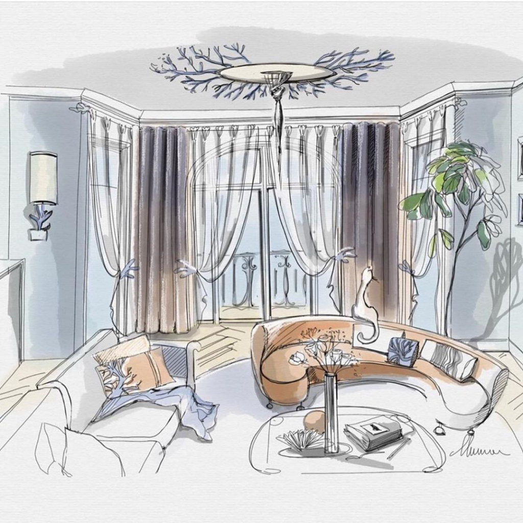 эскиз голубой гостиной с серо-коричневыми шторами и белым тюлем.jpg